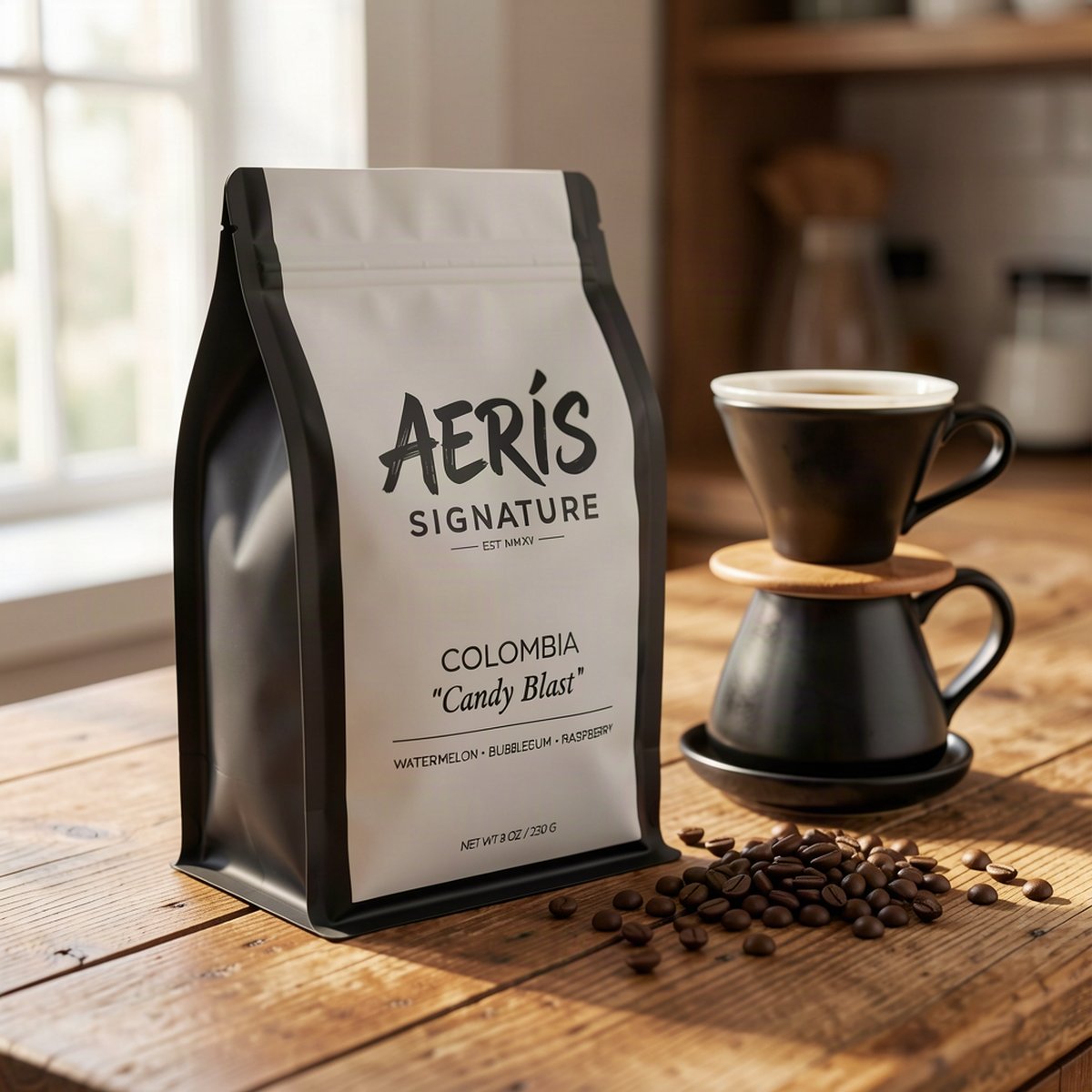 Colombia Candy Blast bag beside a pour-over brewer on a wood counter