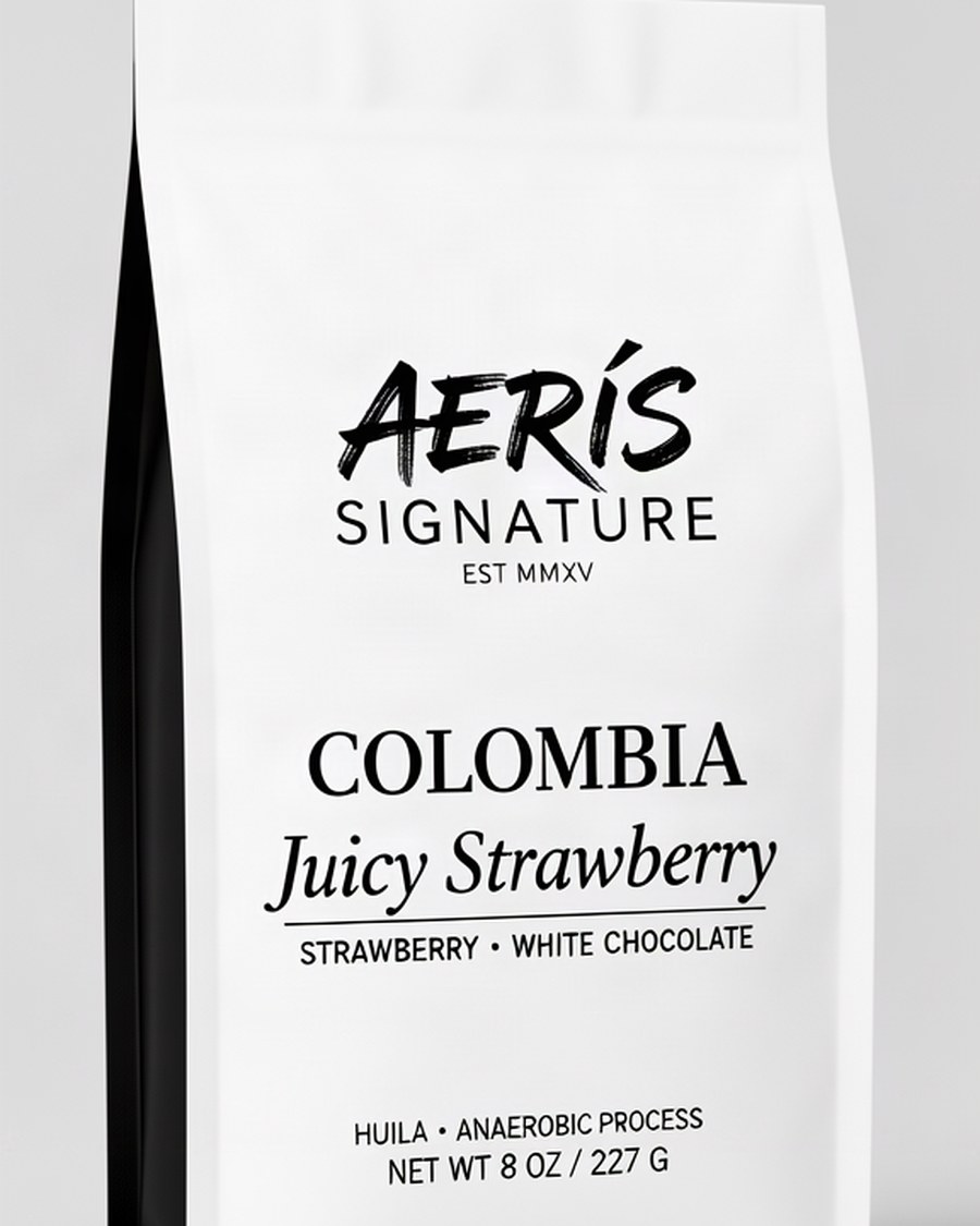 Juicy Strawberry — Aerís Signature white bag with black gussets, whole bean